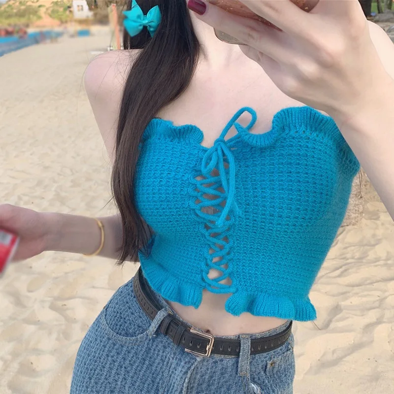 Girls Korean Version Of The Pure Color Wooden Ears Draw A Rope Reveals The Top Sexy Needle Knitted Strap Vest