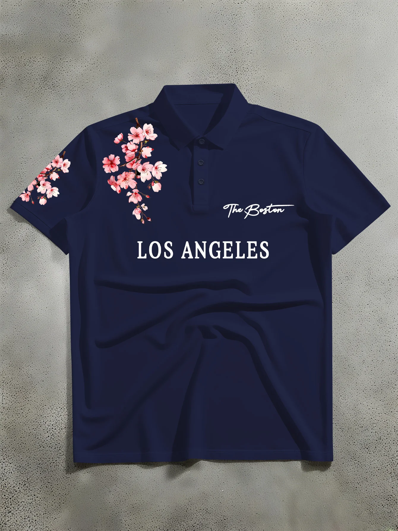 New Men's T-shirt, Casual Style, Fresh Cherry Blossom Shoulder Printed Polo Shirt