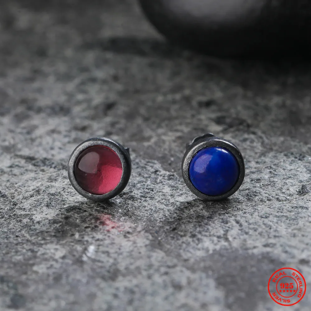 

MKENDN New 100% 925 Sterling Silver Earrings Men Women Vintage Round Stud Earrings Lapis Lazuli Stone Personality Jewelry