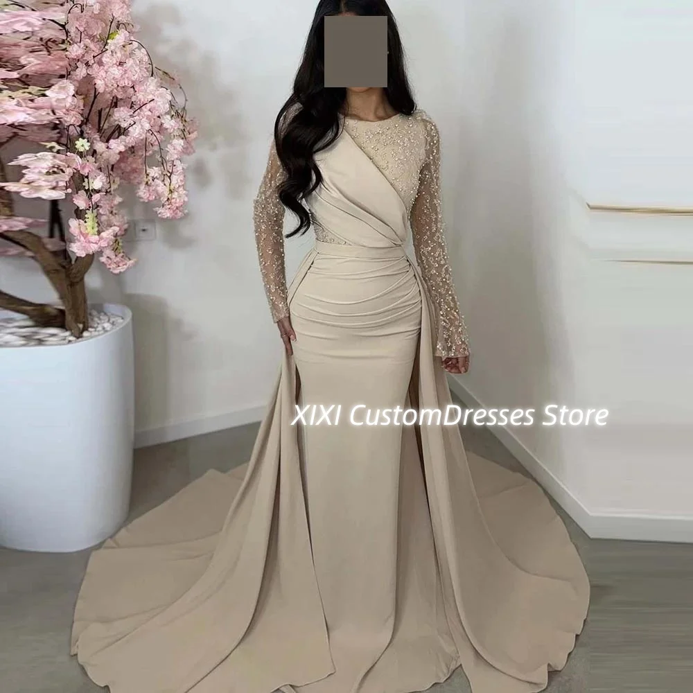 Prom Dresses A-Line Split Scoop Neckline Customize Floor-Length Ruffle Elegant And Pretty Women'S Dresses Zipper Up Long Sleeves