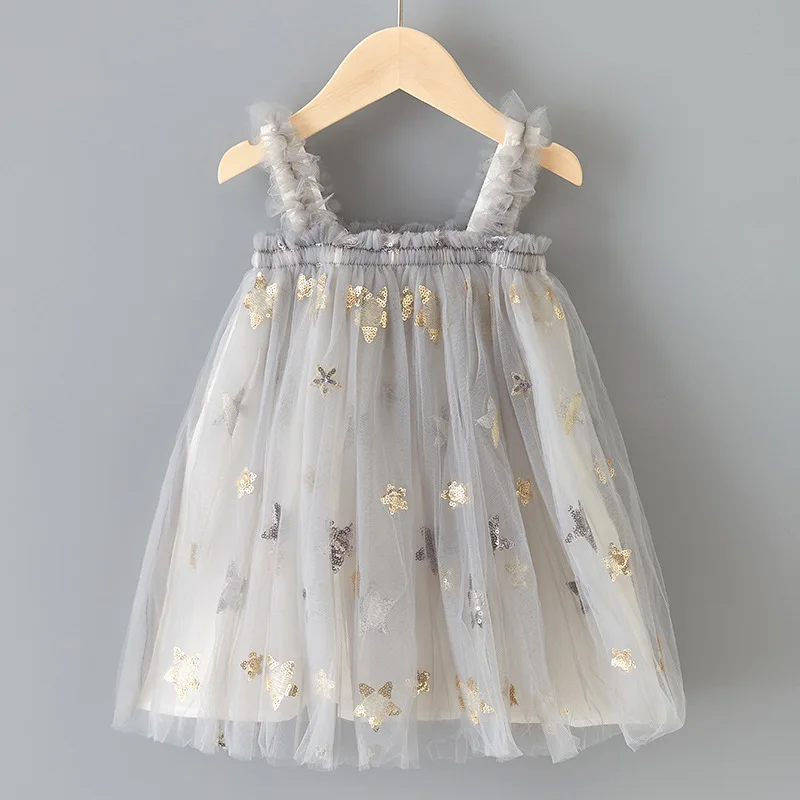 

Girls Dress 1-6 Y Girls Princess Dress New Summer Kids Party Dresses Cute Sequin Stars Outfits Lace Mesh Girl