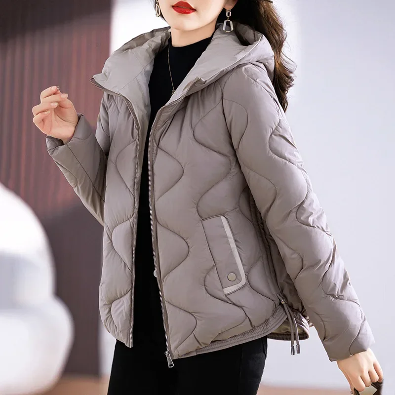 Autumn Winter Solid Women Short Jackets Loose Hooded Wave Quilted Padded Zipper Pockets Drawstring Hem Warm Fashion Outfit 3