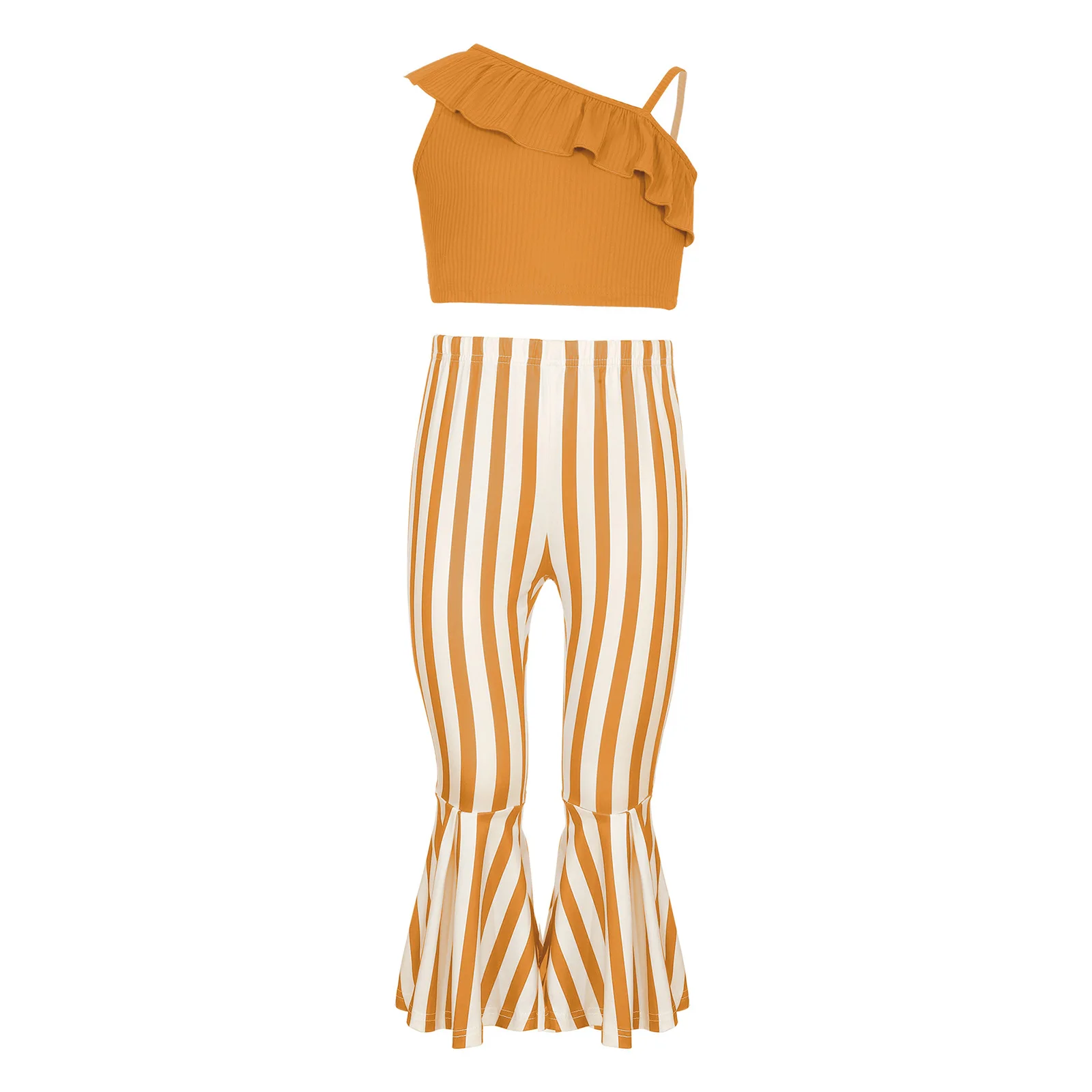 

2Pcs Kids Girls Casual Clothes Outfit Summer Sleeveless Asymmetrical Ruffles Ribbed Crop Top+Elastic Waist Bell-Bottomed Pants
