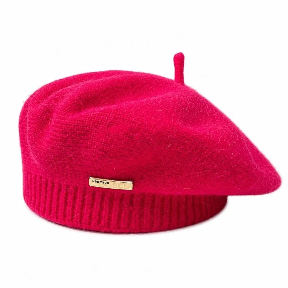 Fashion Warm Woolen Crochet Knitted Hat Solid Color Metal Label Beret Hat Anti-cold Knit Cap Winter