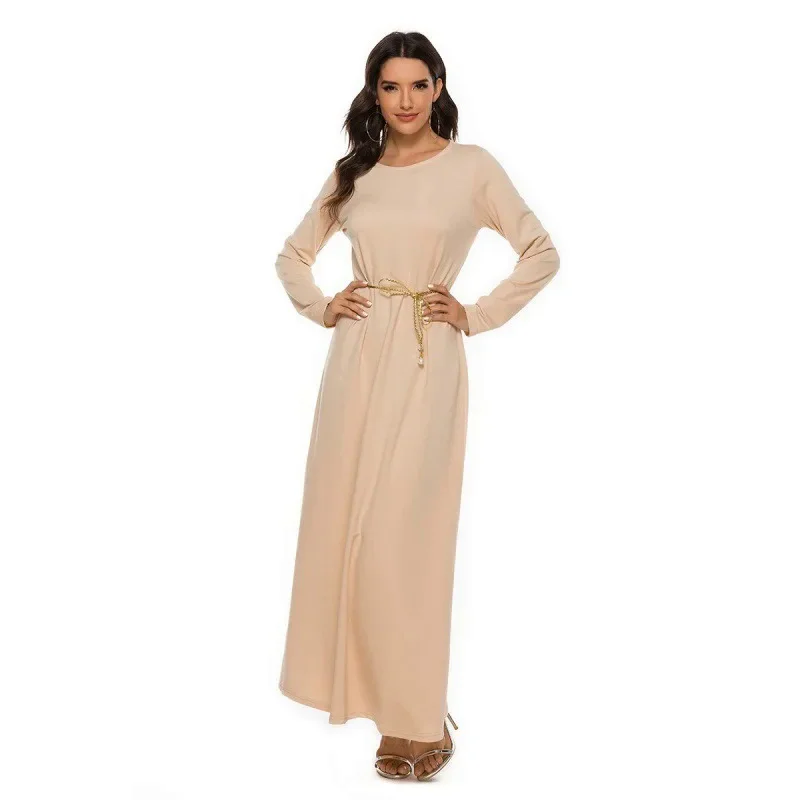 Women's Muslim Worshipwear Basic Long sleeved Laydown Round Neck Dress Middle Eastern Solid Color Robe