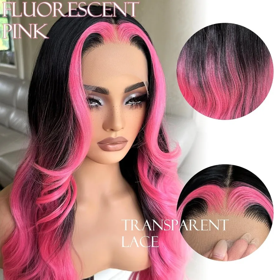 28 بوصة أومبير الوردي مع جذور سوداء والفلورسنت يسلط الضوء على الدانتيل الجبهة شعر مستعار اصطناعي قبل قطعها الجسم موجة غلويليس الأوسط Pa
