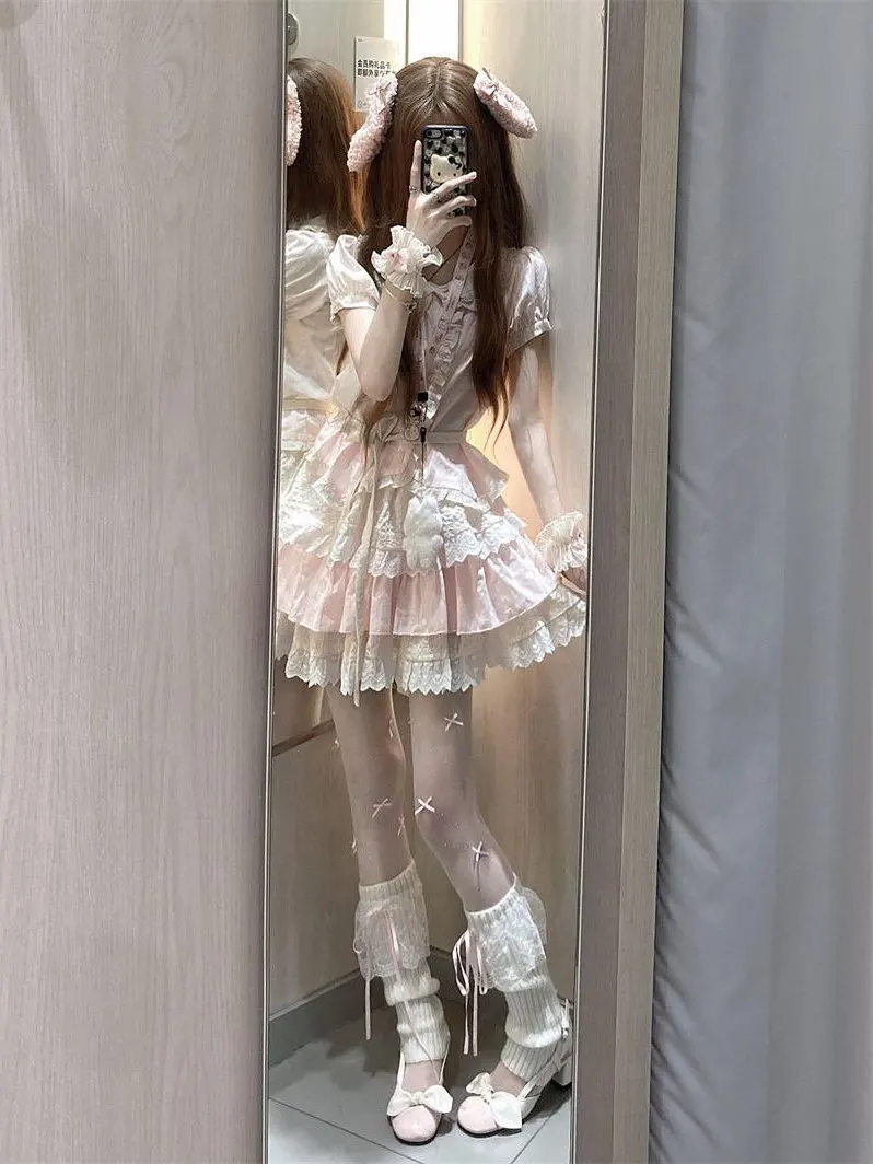 

Pink Ruffle Trimmed Doll Collar Lace Top And Skirt Set Women's Fashion Summer Outfit Short Sleeve Bubble Sleeve High Waist