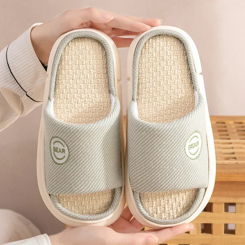 Couples Home Linen Slippers Women Men Indoor Bedroom Soft Slides Comfortable House Thick Sole Shoes Non-slip Breathable Flats