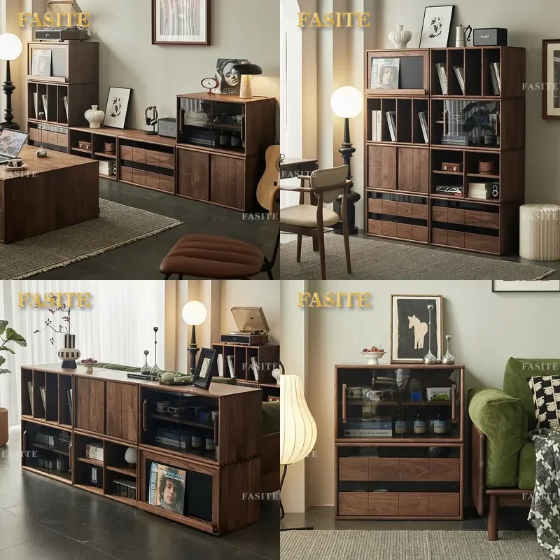 For North American Black Walnut Modular TV Cabinet Solid Wood Low Floor Bookcase Display Storage Unit Free Combination Living