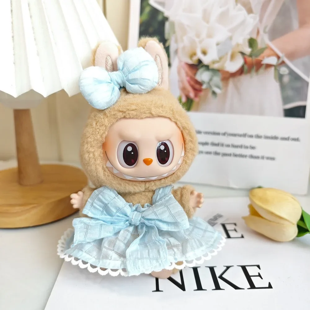 

For 17cm Labubu V2 V1 Mini Doll Clothing Wrinkled Dress Knitted Straw Hat Vacation Style Labubu Clothes Ropa Labubu