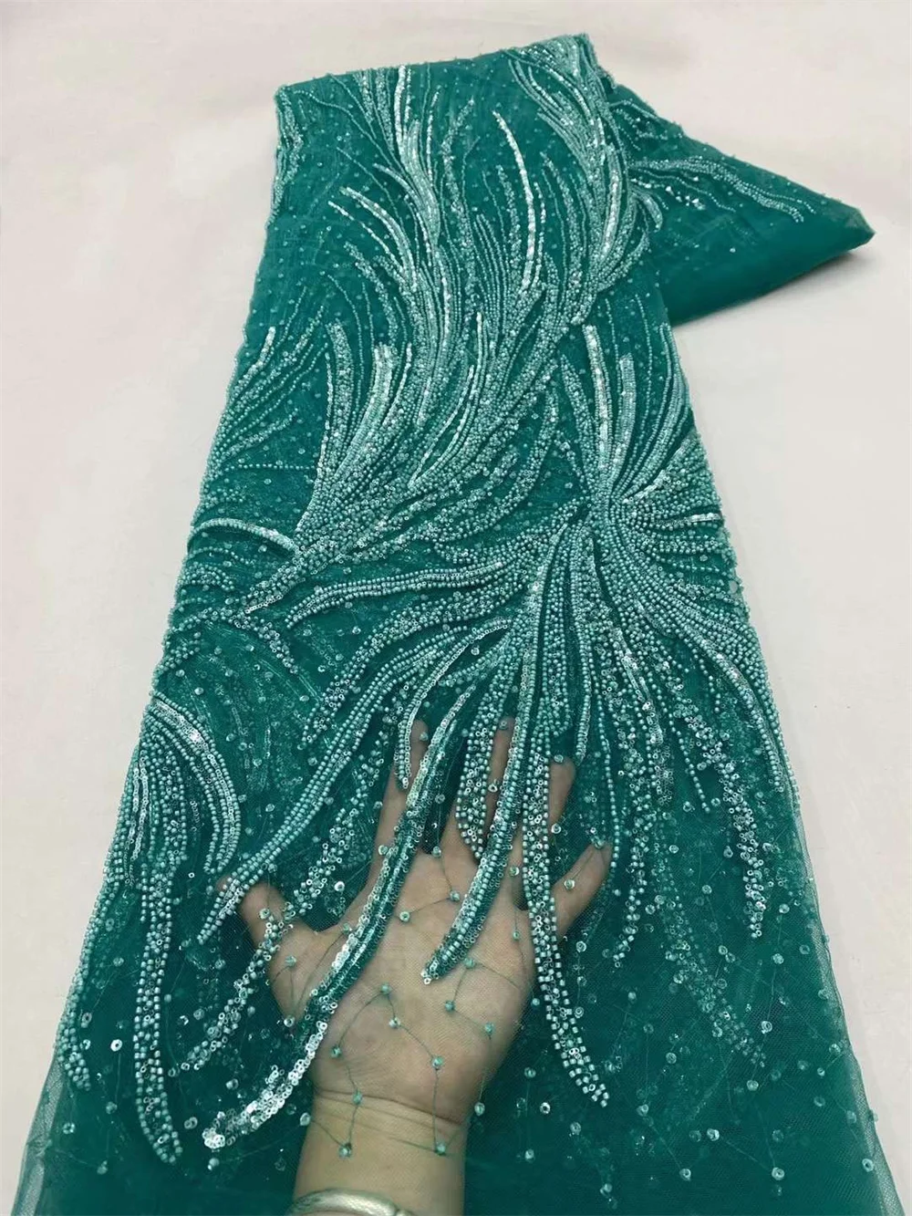 

Green African Beads lace Fabric 2024 High Quality Sequins Embroidery French Beaded Tulle Laces For Nigerian Wedding Dress A255-1