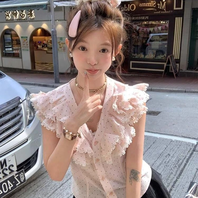 Kimotimo Sweet Ruffles Polka Dot Shirt Women 2026 Summer New Short Sleeve V Neck Slim Fit Tops Japanese Lolita Kawaii Y2k Blouse