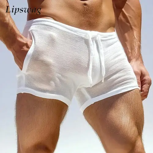 Pantalones cortos sexis transparentes ajustados para hombre, pantalones cortos informales de Color sólido para playa y playa, pantalones cortos transpirables de verano para hombre, ropa de dormir de ocio, pantalones cortos de pijama