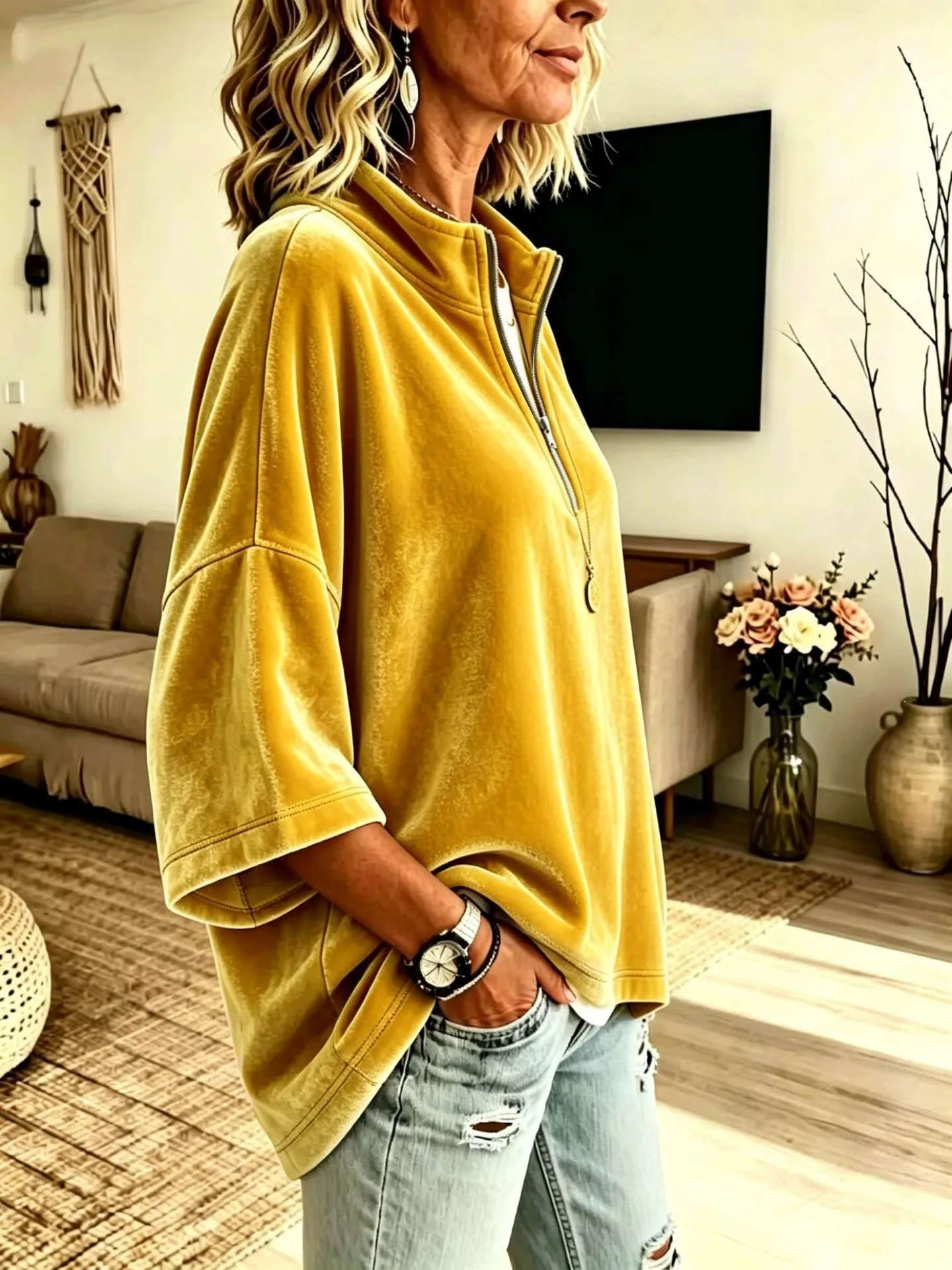 Autumn Winter Velvet Solid Half Zip Sweatshirts Stand Collar 3/4 Sleeve Loose Casual Pullover Tops Women Vacation Daily Hoodie
