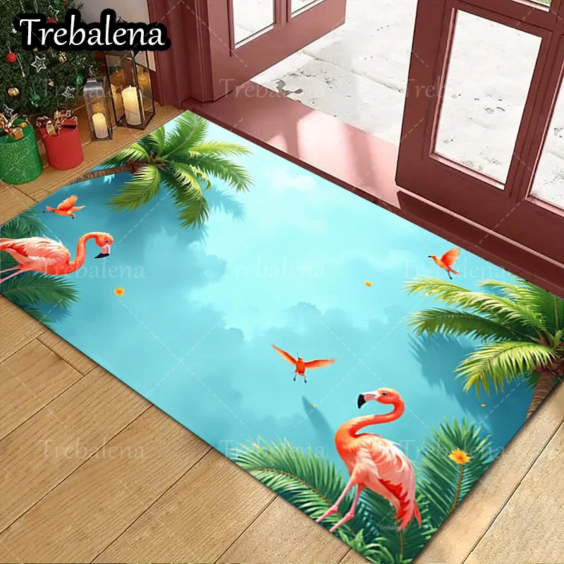 

1pc Welcome Door Mat Flamingo and Palm Tree Doormat Tropical Beach Welcome Mat for Home Decor