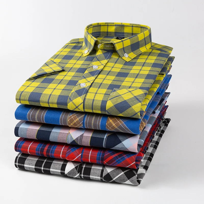 Fashion korean popular clothes 100%cotton short sleeve shirts for men slim fit casual plain shirt thin plaid hawaiian soft tops