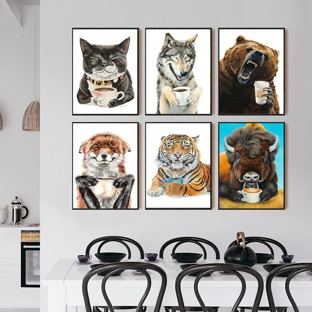 Zwierzęta Drinking Coffee Plakat Wydruki Llama Latte Cat Wolf Grizzly Tiger Fox Canvas Painting Modern Kitchen Bar Wall Decor