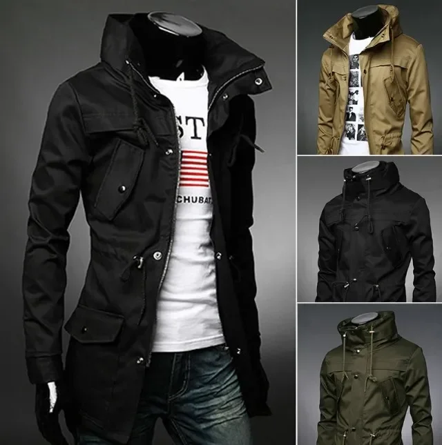 Spring Autumn Classic Trench Coat Outerwear Cargo Long Sleeve Jacket Windbreakers Men