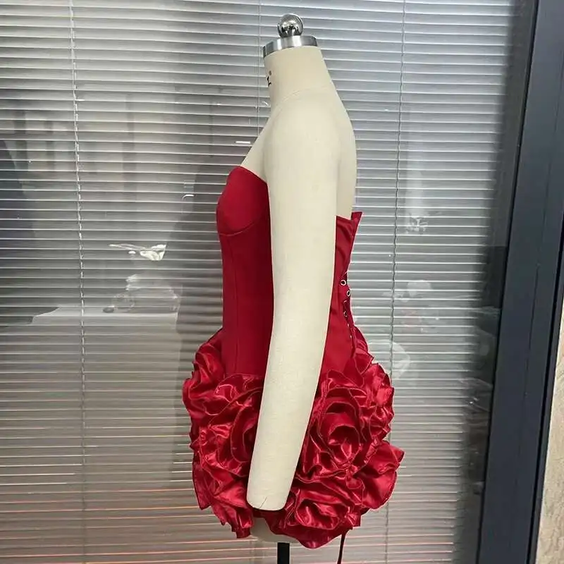 Sexy Flower Bandage Evening Club Party Dresses Women 2025 Summer Autumn Robe Off Shoulder Backless Bodycon Mini Short Dress Red