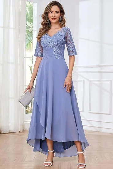 Bowith Ankle-Length Lace Appliques Mother of The Bride Dresses for Wedding Half Sleeves Chiffon Pleated Formal Evening Gowns