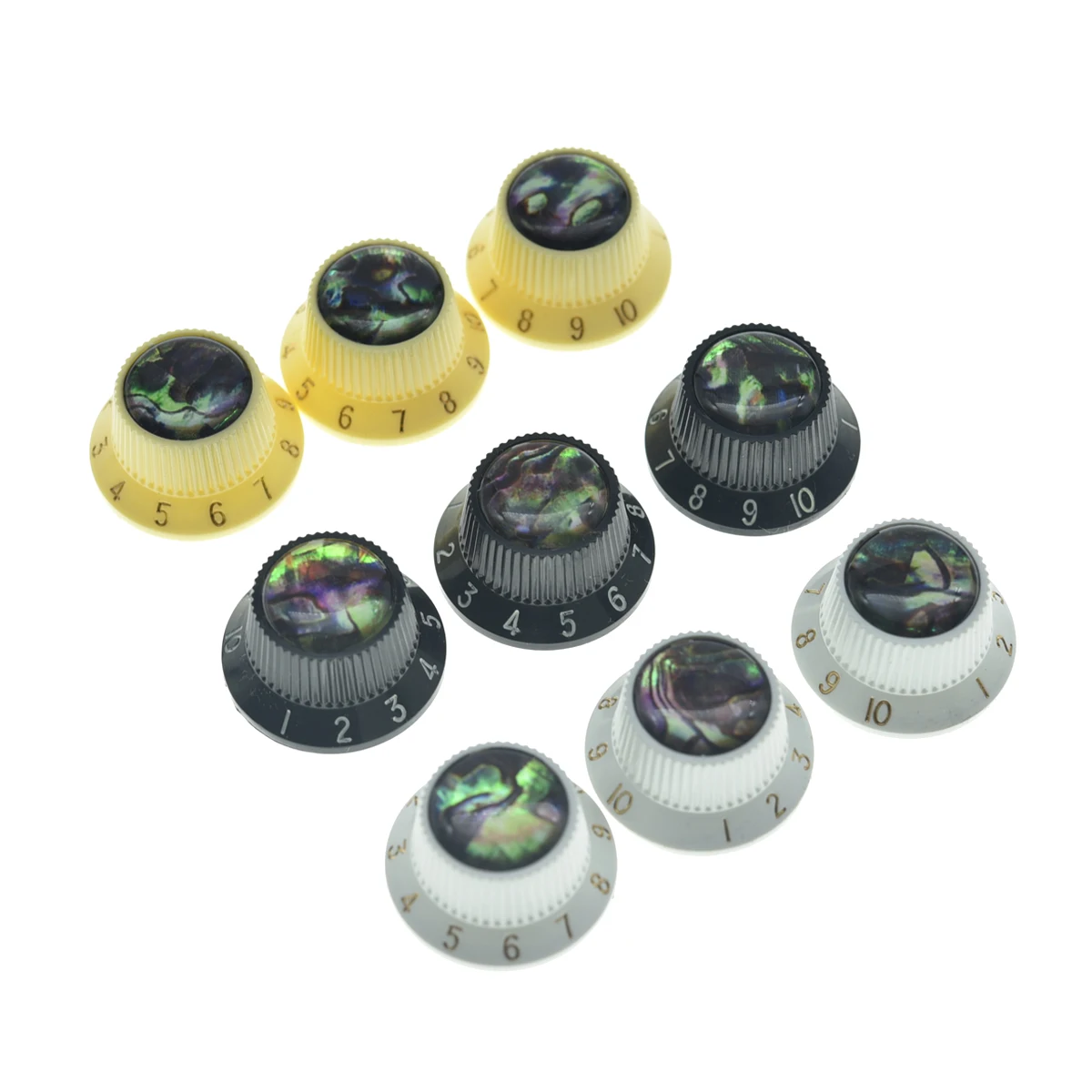 KAISH Set of 3 Plastic Abalone Top ST Strat Knobs Guitar/Bass Knob for Strat with Metic 18 Spline Split Pots White/Black/Cream