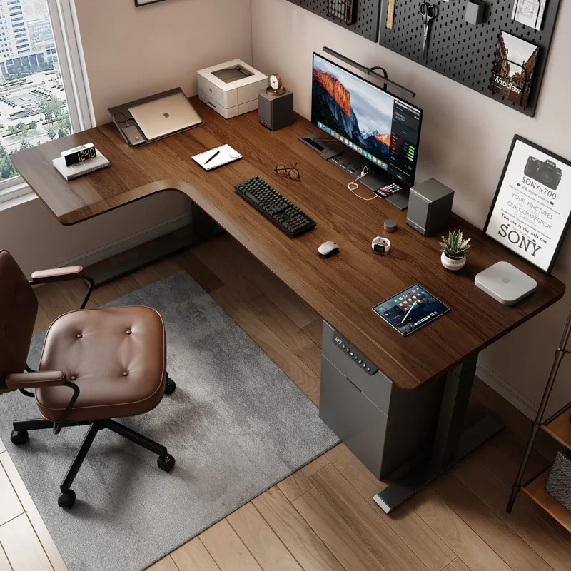 Corner Electric Lifting Table L-shaped Corner Leather Solid Wood Workbench Desk Home Computer Desk