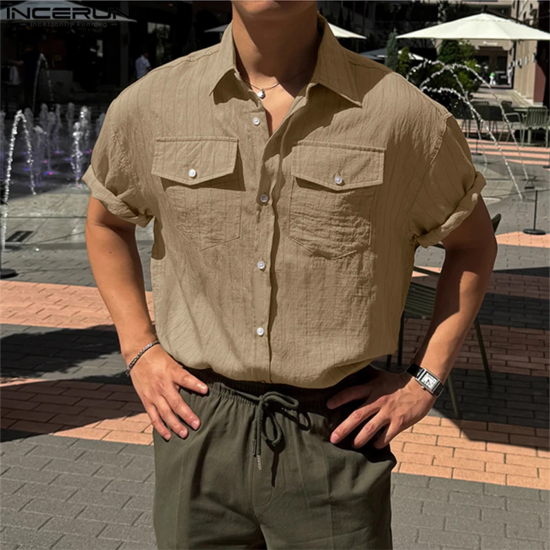 2024 INCERUN Korean Style Loose Stripe Shirts Casual Short Sleeve Pocket Tops Simple Streetwear Male Well Fitting Fashion Tees