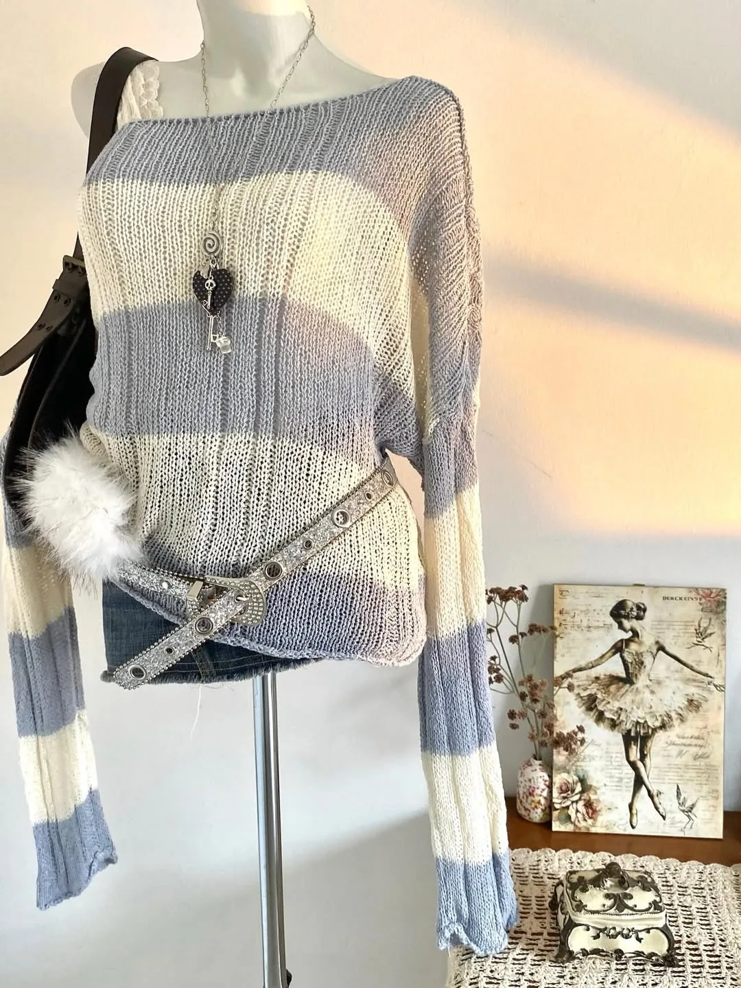 Grunge Alt Women One Shoulder Hollow Knit Jumper Blue White Striped Long Sleeve Loose Y2K Sweater