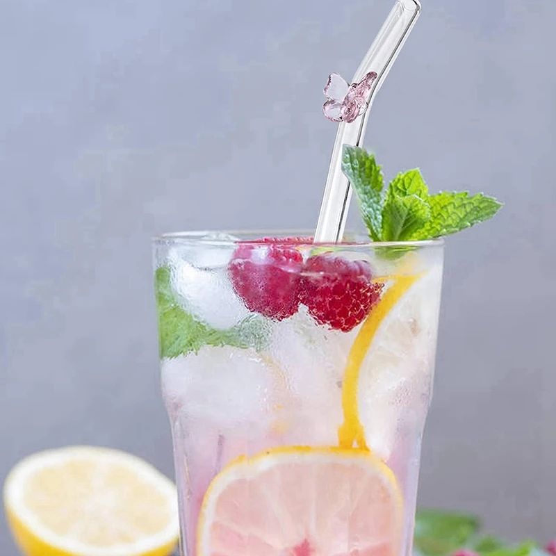 5 Pcs Reusable Glass Straws,Colorful Butterfly on Clear Straws with Design Shatter Bent Drinking Straws-A79M