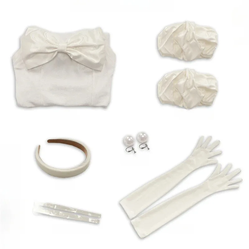 수아 코스프레 의상 가발 애니메이션 외계인 무대 코스프레 의상 마이크 화이트 드레스 귀 스터드 짧은 가발 장갑 정장 할로윈