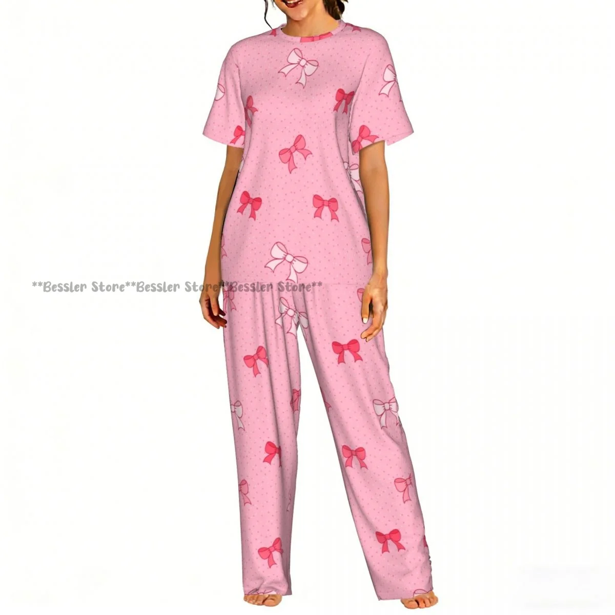 

Женский комплект повседневной пижамы с розовыми бантами и короткими рукавами
