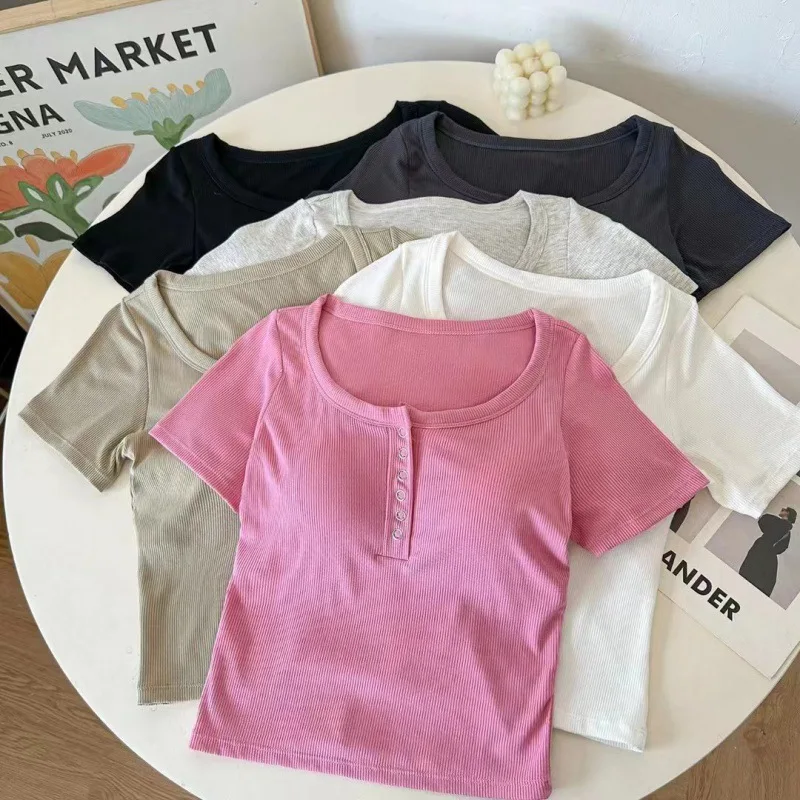 Cotton Short-sleeved Button-down Design Beautiful Suspender Chest Pad Slimming Sexy Slimming Top Майка С Бюстгалтером