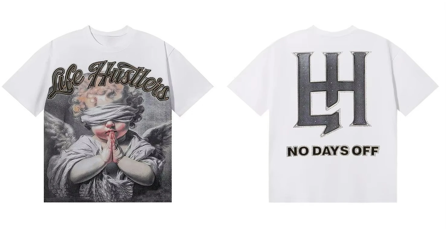 Retro wash Life Hustlers Splice letter Rhinestone Skull Print T Shirt Men Fashion Trend Loose Casual Shinning Diamond Tees Kids