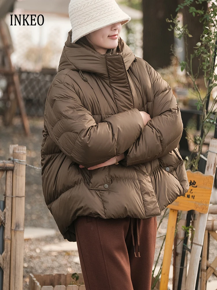 Oversize Women\'s Hooded down jacket 2024 Winter High quality Brown 90% long sleeve puffer coat Lady outwear Warm INKEO DJ008