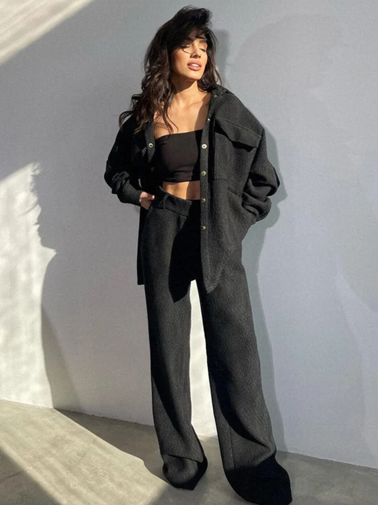 Aynaray 2024 Women Winter Spring Thick Pant Set Solid Black Oversized Outfits High Waist 2 Two Piece Matching Set For Women