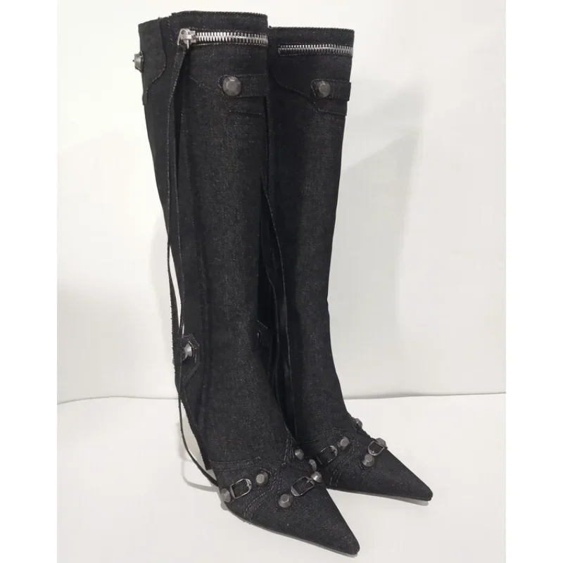 New 2026 Design Knee High Boots Fashion Rivet Pointed Thin Heel Women's Boots Size 34-43 Fashion Hot Girls Denim Model Boots view 5