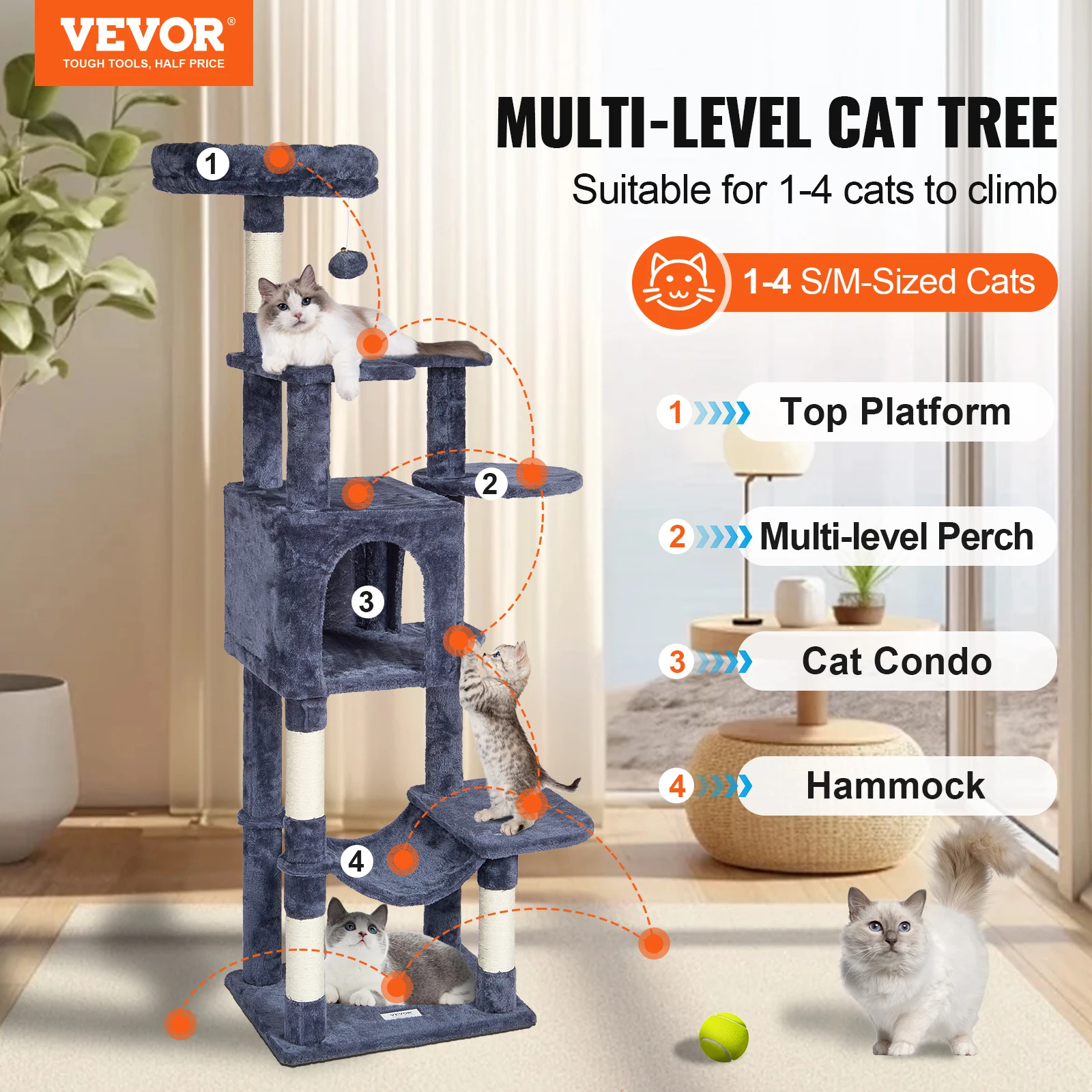 VEVOR Cat Tree Seventh Floor Standing Cat Tower with Scratching Post Hammock Cat House with Hanging Ball Cat Activity Center