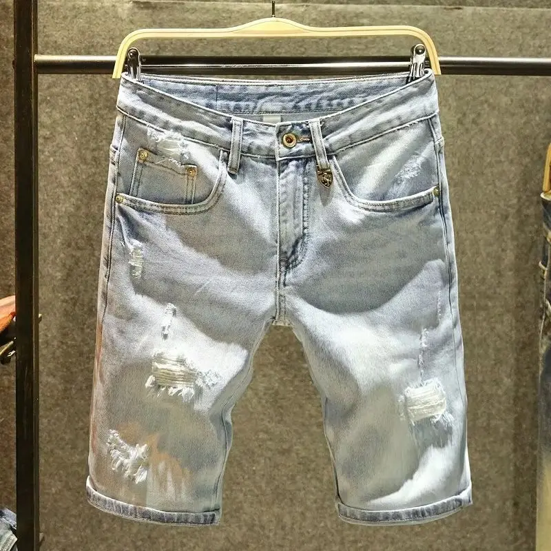 Summer 2026 Ripped Denim Shorts Men's Fashion Trend Ruffian Handsome Casual Short Half Pants Light Blue Tattered Short Jeans Man