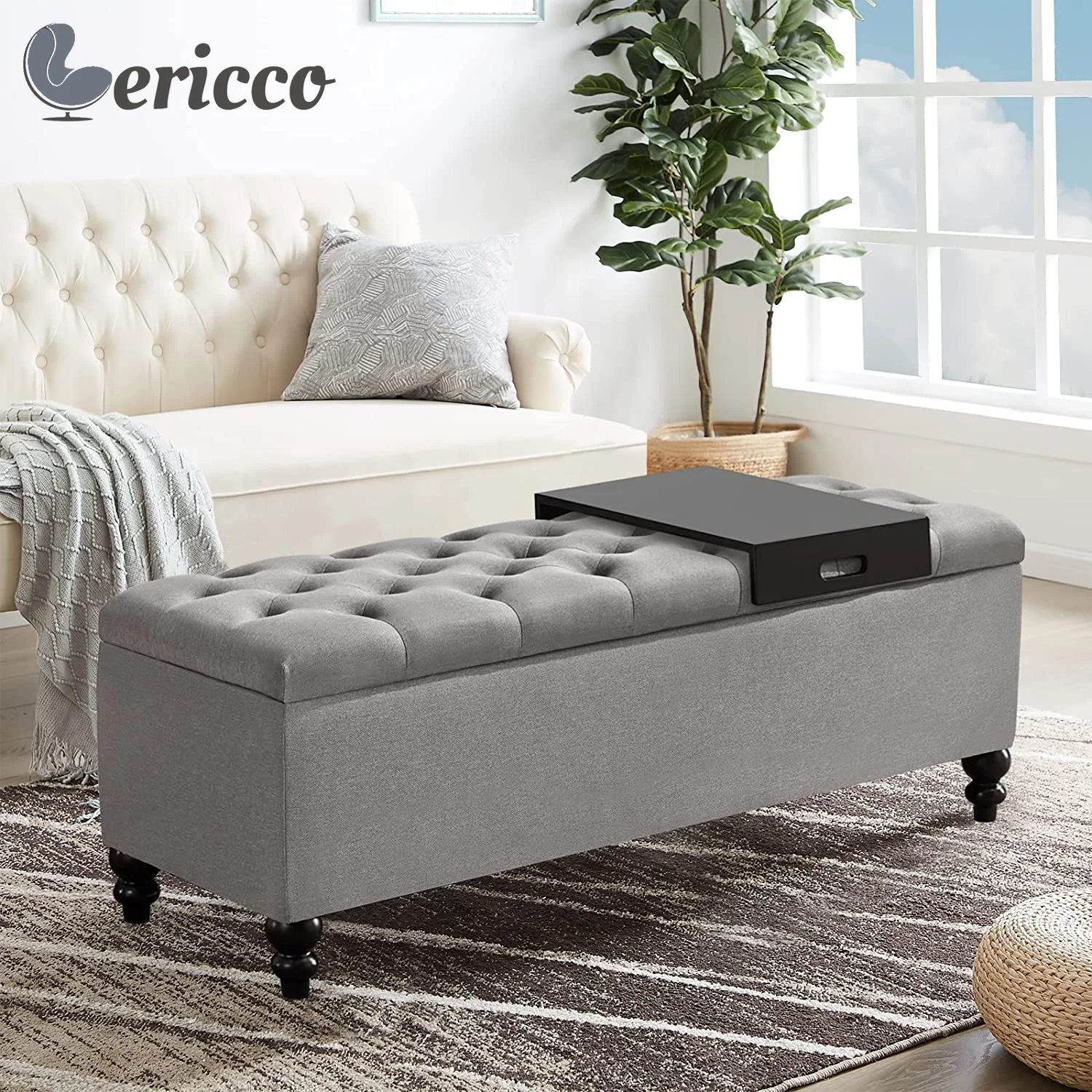 GERICCO 51-inch Storage Ottoman Button-Tufted Ottoman with Tray Large Storage Bench Living Room Ottoman Upholstered Stools