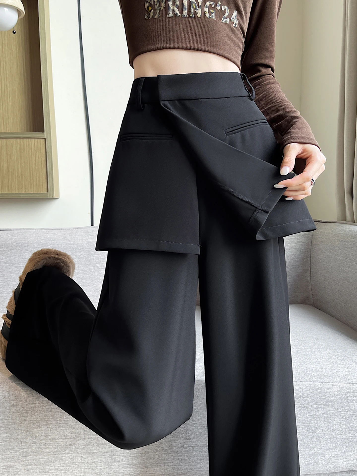 

Брюки с высокой талией и широкими штанинами, черные, в деловом стиле, женские повседневные брюки, весна-осень, новый дизайн, брюки в пол, корейский стиль