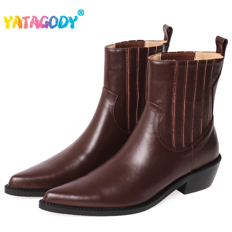 

YATAGODY Size 33-40 Women Ankle Boots Genuine Leather Thick Mid Heels Winter Shoes For Women Western Boots Ladies Retro Booties