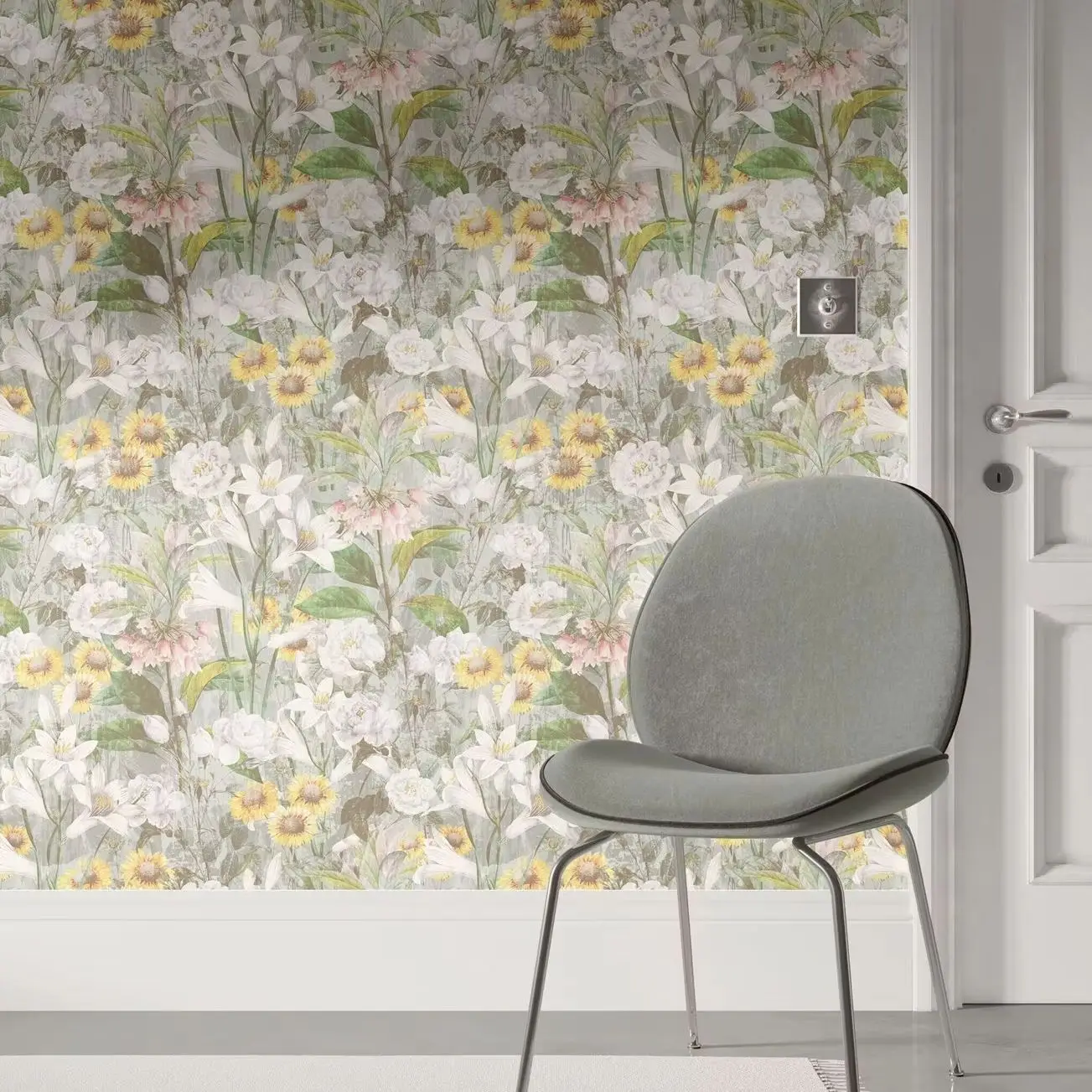 Watercolor Botanical Wallpaper Peel and Stick,Vintage Peony Lily &Sunflower Wall Mural,Floral Home Decor,Self-adhesive/Tradition