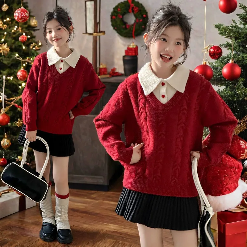 

Новинка осени/зимы 2023 года, свитер в консервативном стиле для девочек, красный рождественский/новогодний наряд, мягкая вязка, приятная для кожи и модная детская одежда