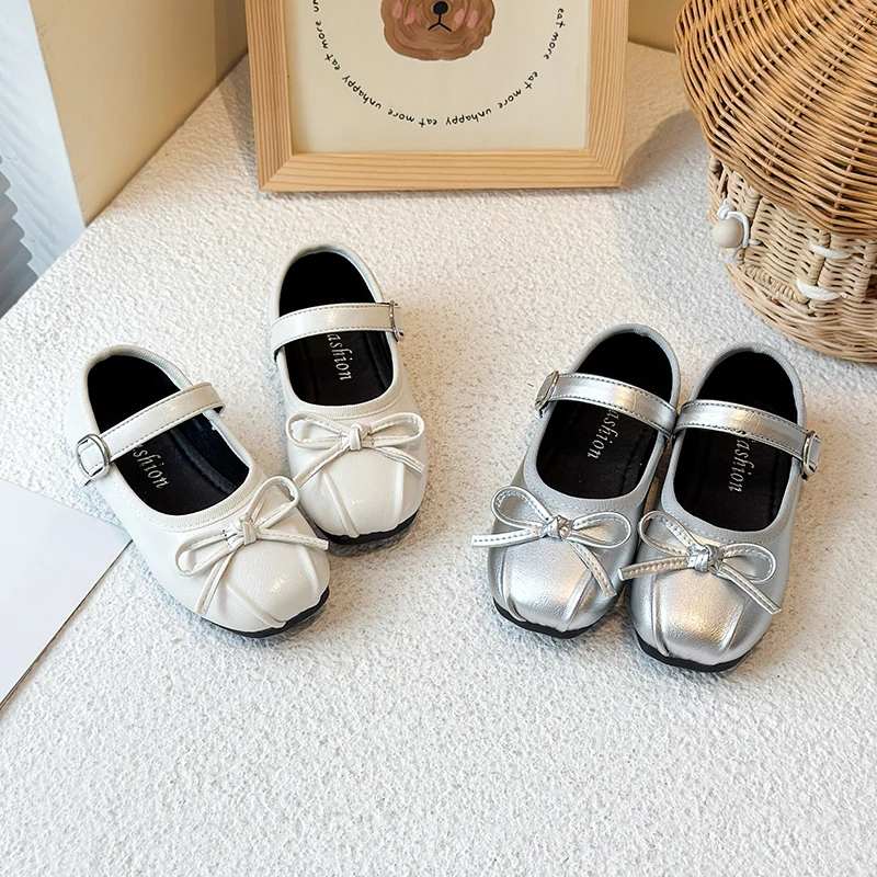 

Spring Girl's Leather Shoes Square Toe Bowtie Plain-colored Kids Flat Shoe Hook-loop Fashion Flexible sole Children Shoe 26-36