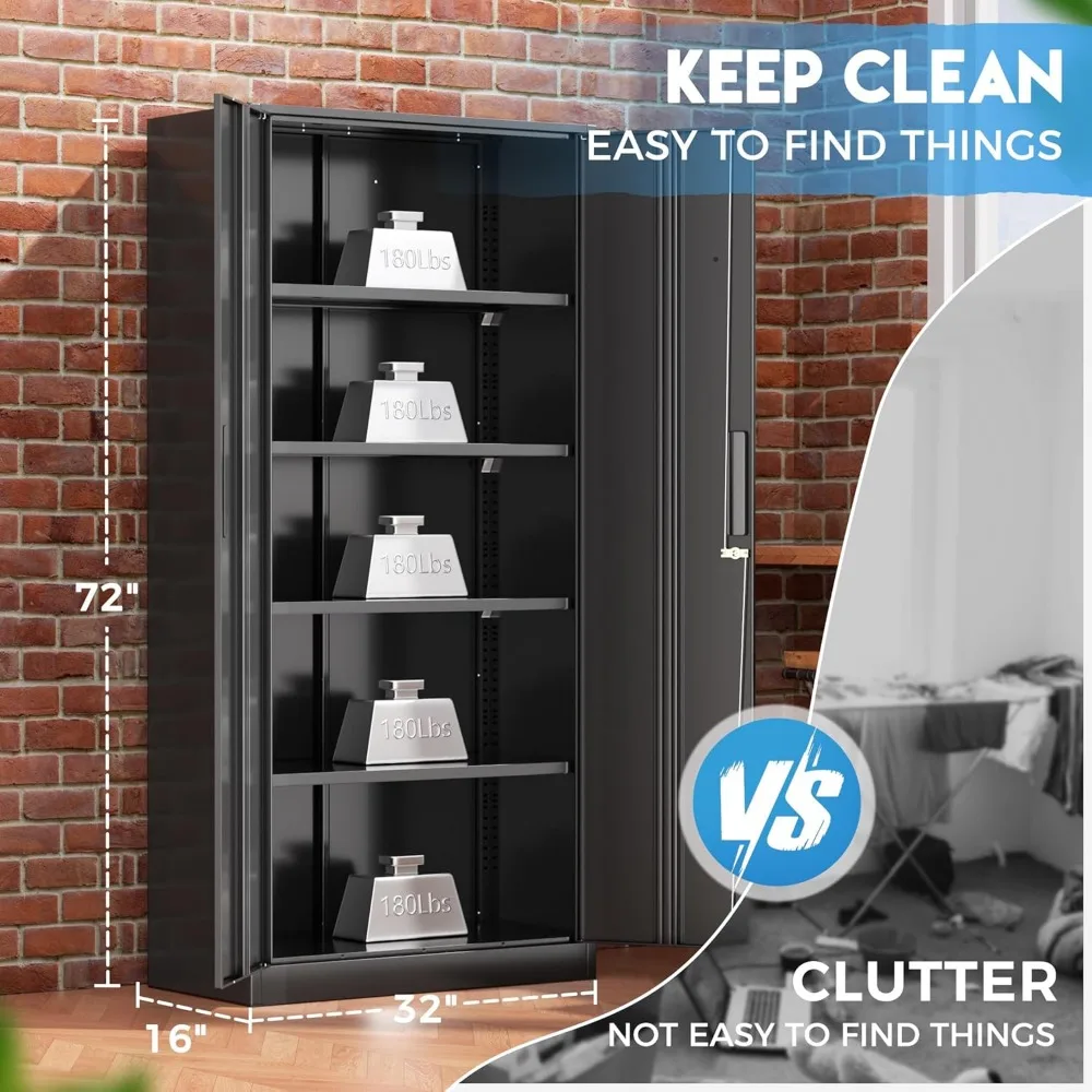 خزانة تخزين معدنية سوداء بطول 72 بوصة مع أبواب قابلة للقفل وأرفف قابلة للتعديل لتخزين المرآب والأدوات