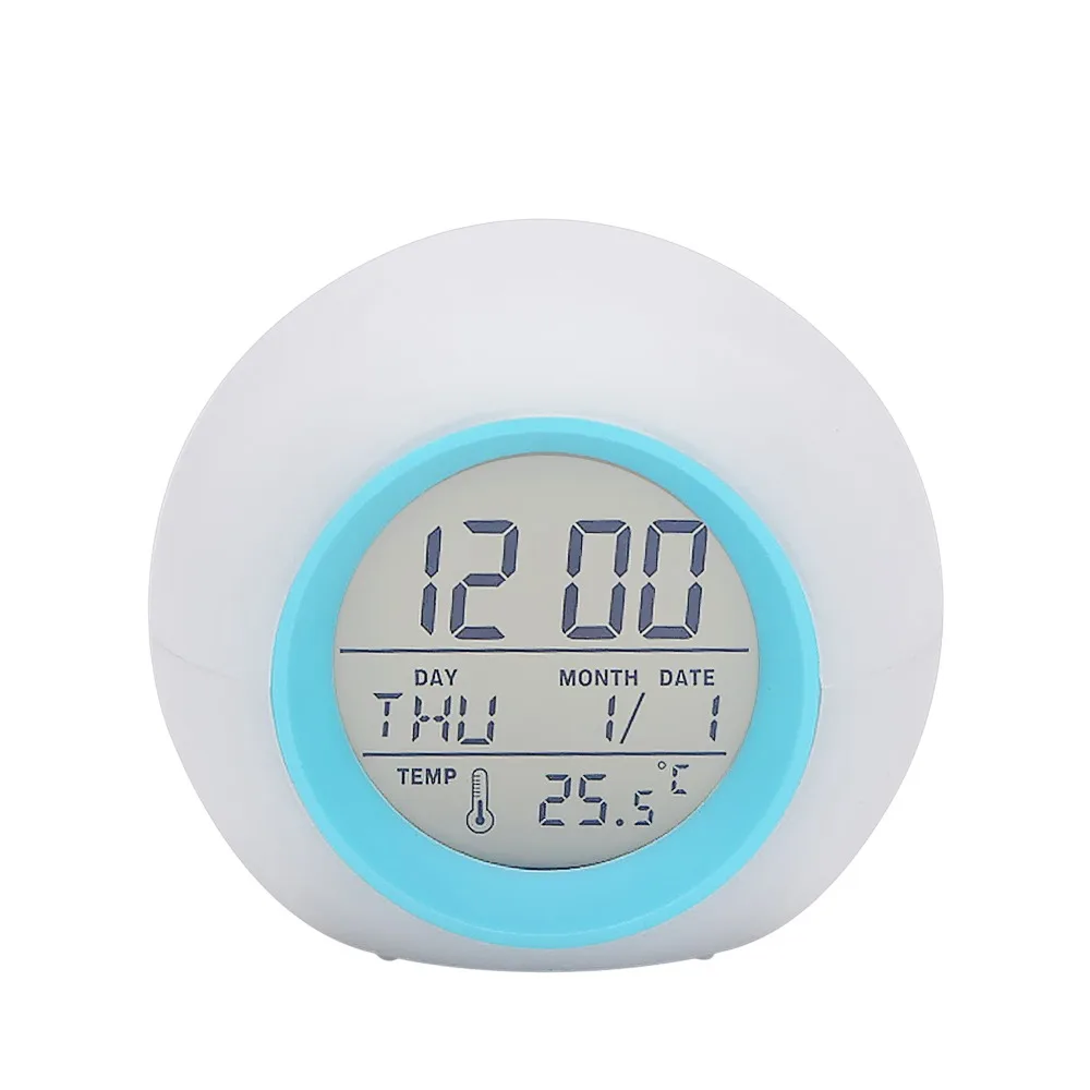 7 Colors Changing LED Alarm Clock Touch Control Temperature Display Multifunctional Desk Clock with Sleep Sounds Round Shape