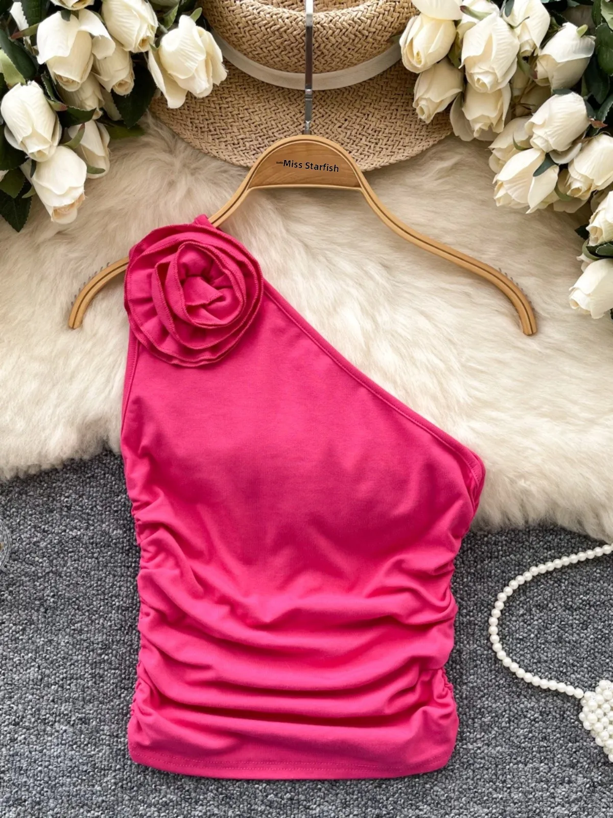 달콤한 매운 소녀 여성 빈티지 섹시한 3D 꽃 조이어 주름 슬림 맞는 어깨 비스듬한 민소매 조끼 속옷