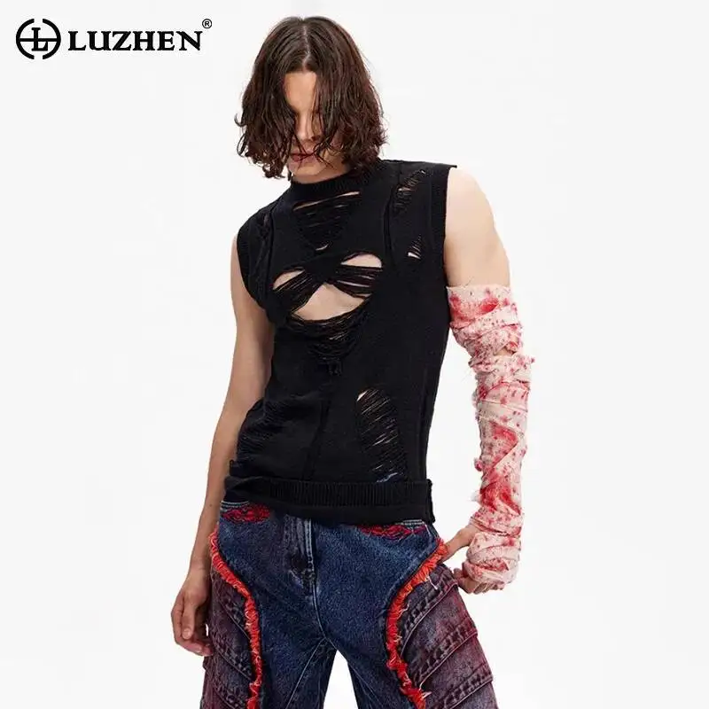 LUZHEN Design 2025 Hole Summer Broken Personalized Streetwear Trendy Sleeveless Knitted T-shirts Men's Plain Tank Tops JY7123