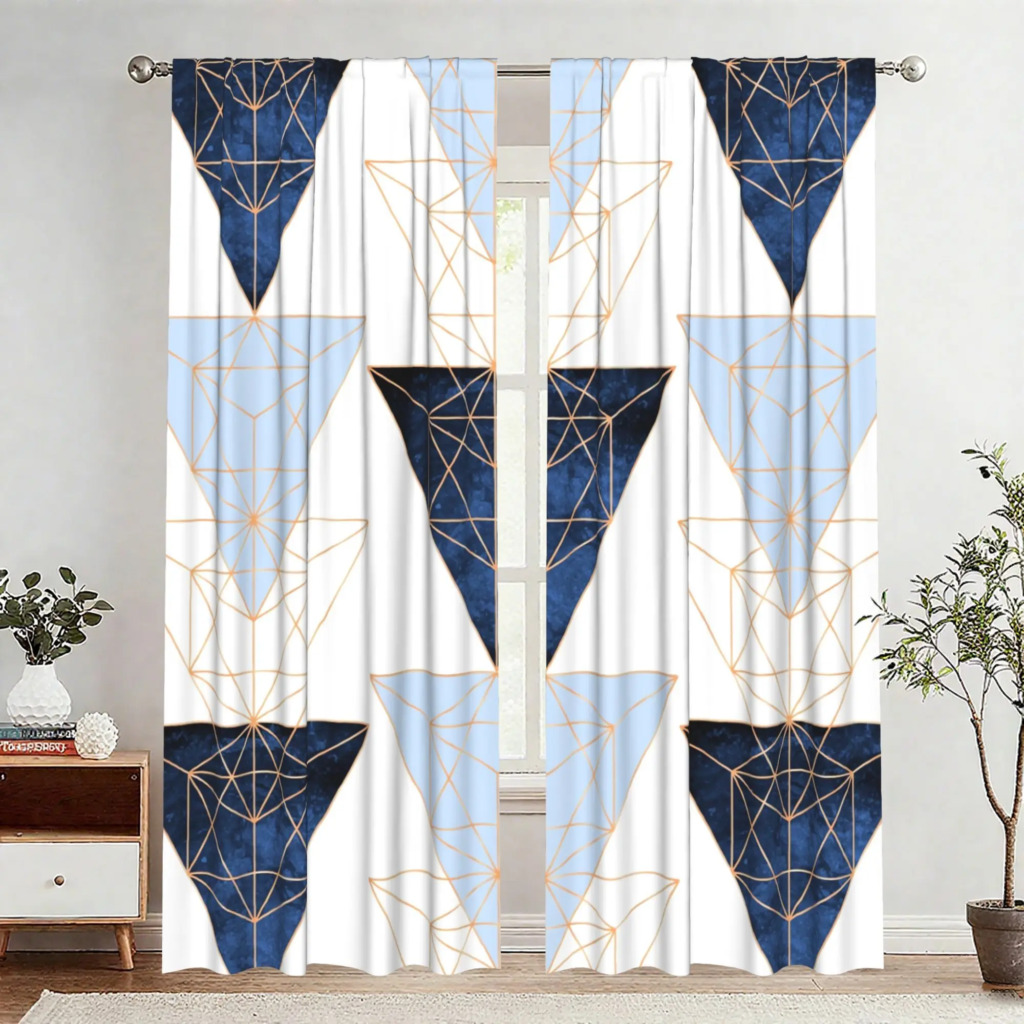Stylish Geometric Navy Blue Abstract Curtain Pair 2pcs Modern Living Room Window Drapes Home Decor Panels