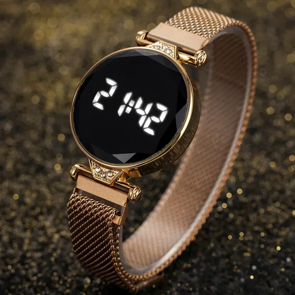 Relojes de lujo para Mujer, Reloj de pulsera de oro rosa de acero inoxidable, Reloj Digital LED para Mujer, Reloj electrónico para Mujer